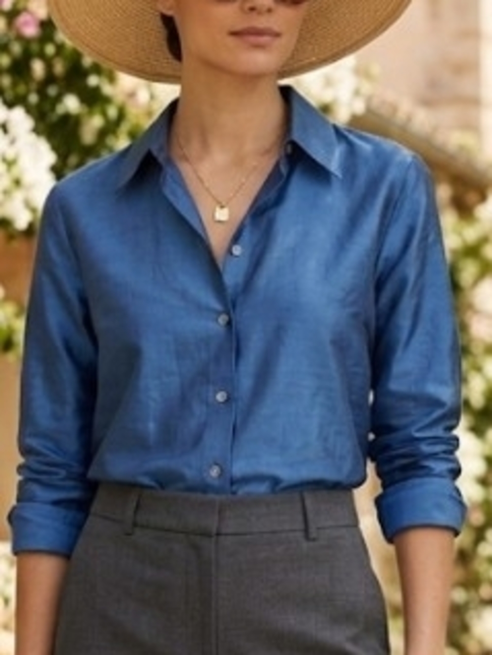 Tabi - Blue Silk Blend  Button-Front Top (Size L) Classic Minimalist Luxury